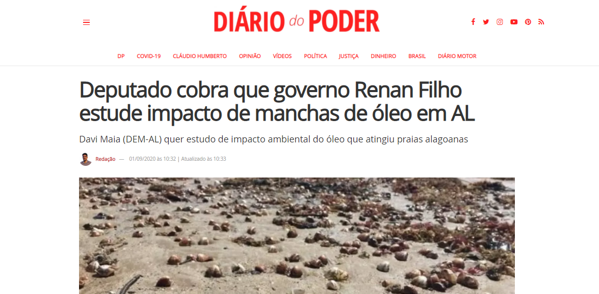 DIÁRIO DO PODER: Deputado cobra que governo Renan Filho estude impacto de manchas de óleo em AL