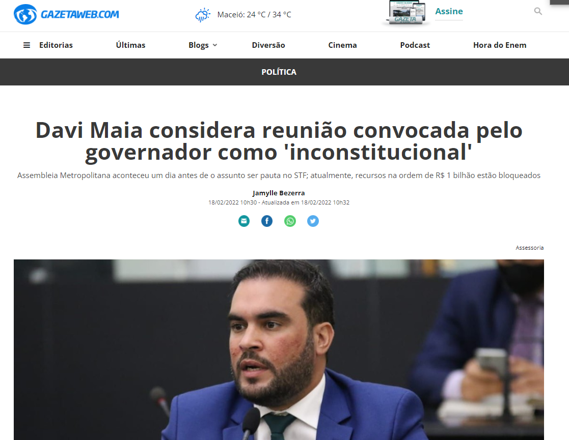 You are currently viewing GAZETAWEB: Davi Maia considera reunião convocada pelo governador como ‘inconstitucional’